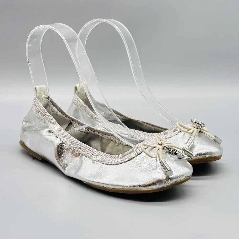 Sam Edelman Shoes Kids Girls 13 Silver Metallic Farren Ballet Flats Bow Slip On